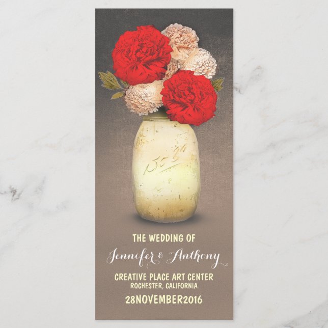 golden painted mason jar red flowers programs (Front)