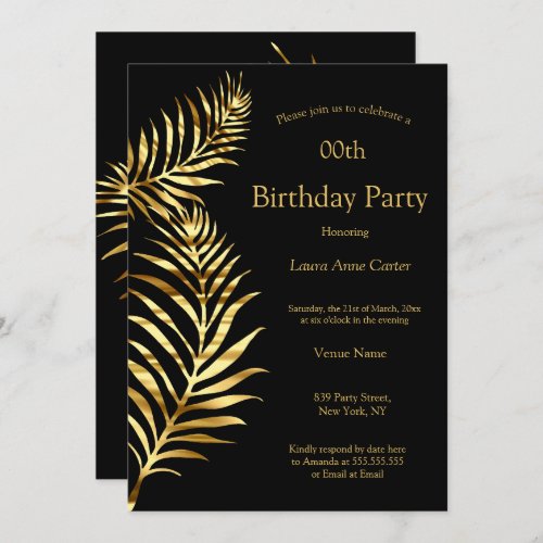 Golden Palm Black Gold Birthday Party Invitation