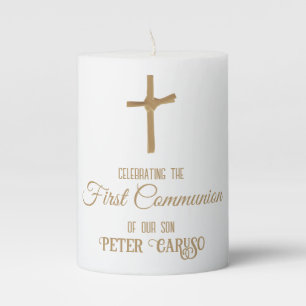 Golden Palm Cross Personalized First Communion Pillar Candle