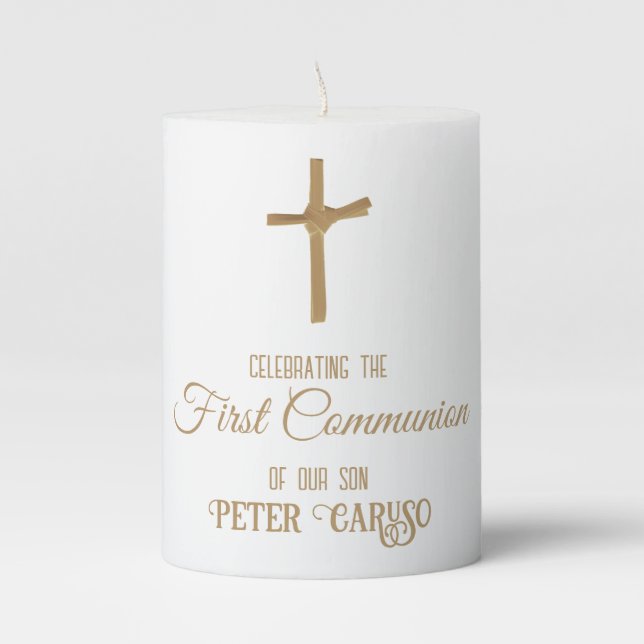 Golden Palm Cross Personalized First Communion Pillar Candle (Front)