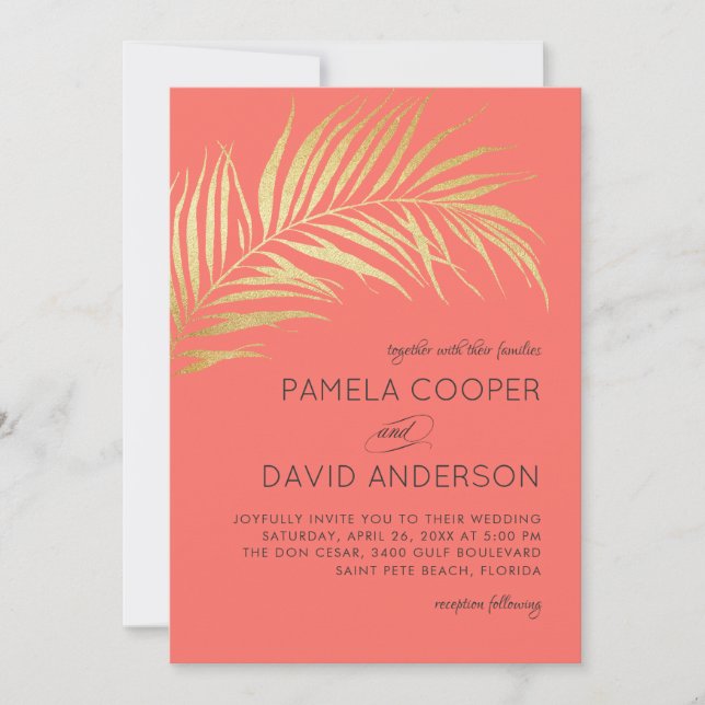 Golden Palm Frond Modern Minimalist Wedding Invitation (Front)