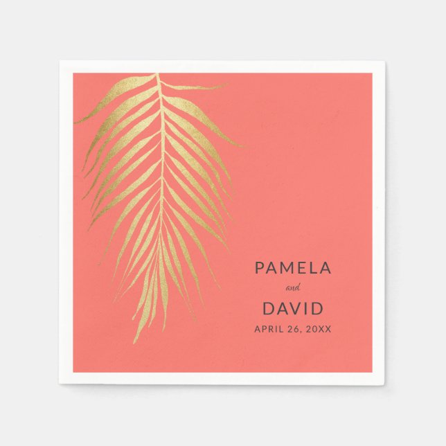 Golden Palm Frond Modern Minimalist Wedding Napkins (Front)