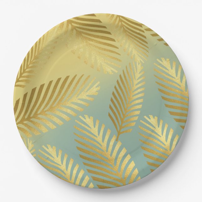 Golden Palm Leaves Pattern Ombre Paper Plates (Front)
