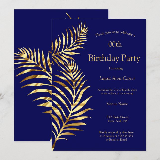 Golden Palm Navy Blue Gold Birthday Party Invitation (Front/Back)