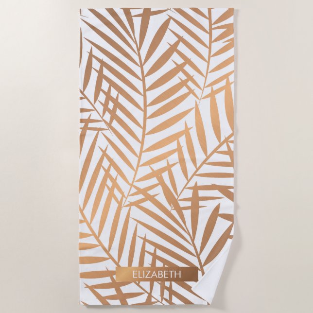 Golden Palm Tree Leaf Pattern Beach Towel (Front)