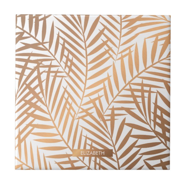 Golden Palm Tree Leaf Pattern Ceramic Tile (Front)