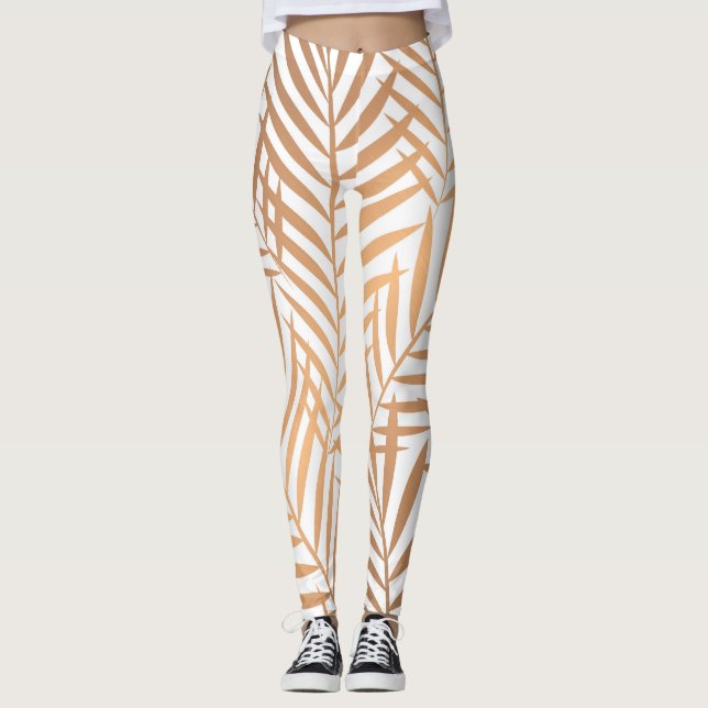 Golden Palm Tree Leaf Pattern Leggings (Front)