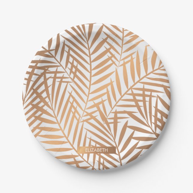 Golden Palm Tree Leaf Pattern Paper Plates (Front)
