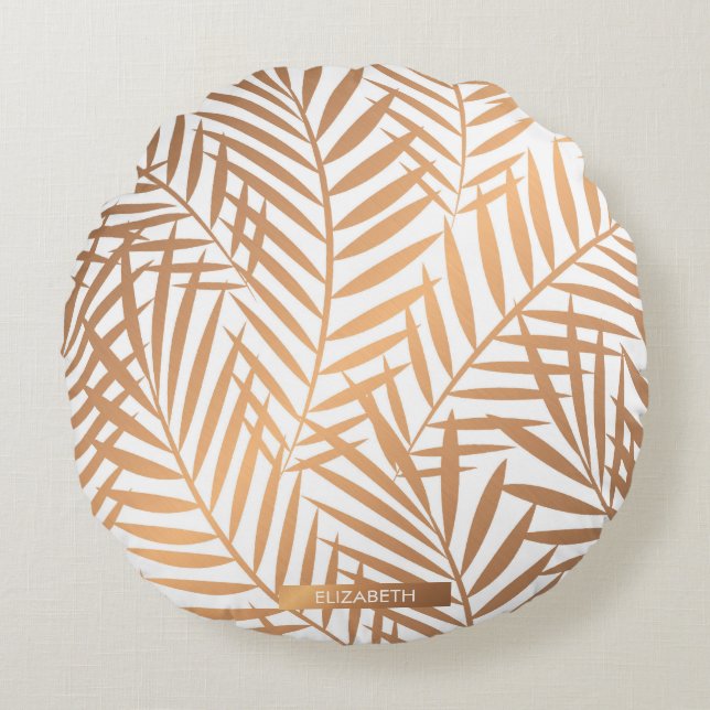 Golden Palm Tree Leaf Pattern Round Pillow (Front)