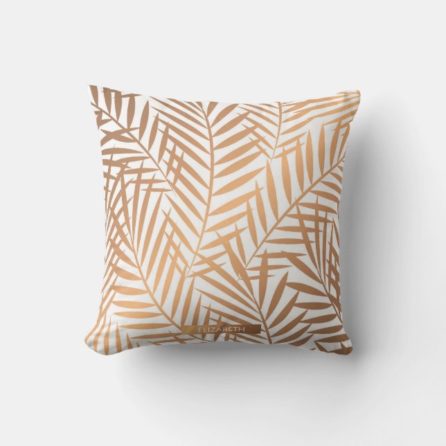 Golden Palm Tree Leaf Pattern Throw Pillow (Front)