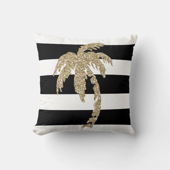 Golden Palm Tree on Black & White Stripes Pillow (Front)