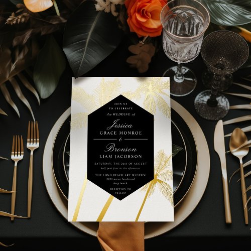 golden palm trees sophisticated tropical wedding foil invitation