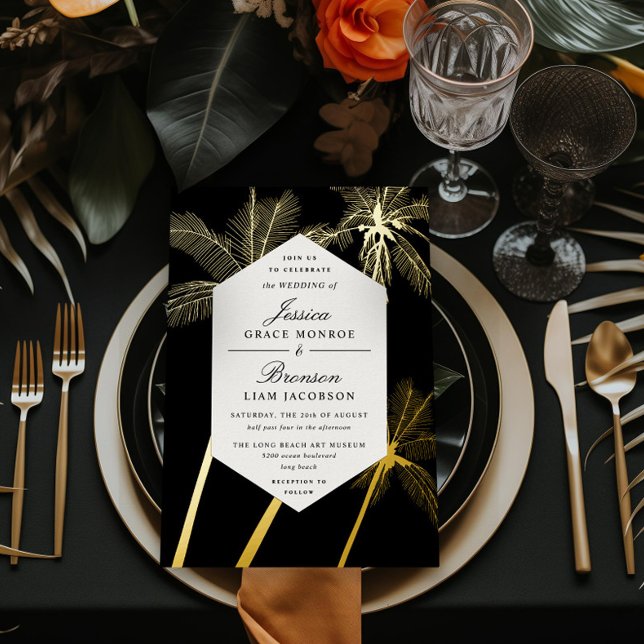 golden palm trees sophisticated tropical wedding foil invitation (Creator Uploaded)