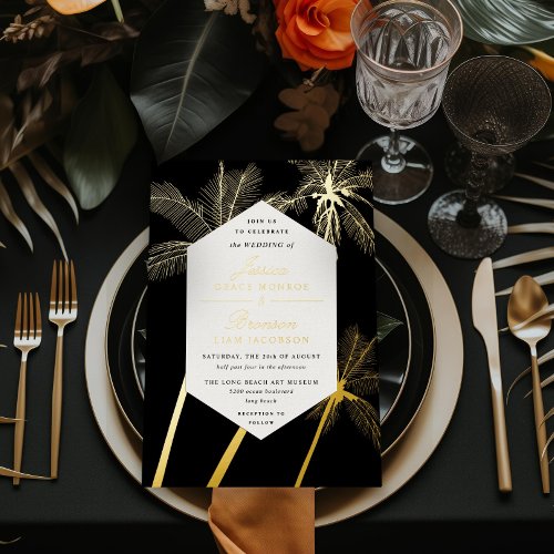 golden palm trees sophisticated tropical wedding foil invitation