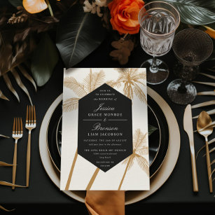 golden palm trees sophisticated tropical wedding invitation