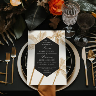 golden palm trees sophisticated tropical wedding invitation