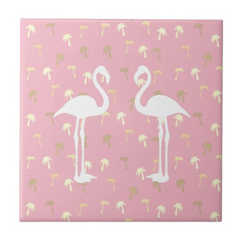 Golden Palm Trees Two White Flamingo Birds Ceramic Tile