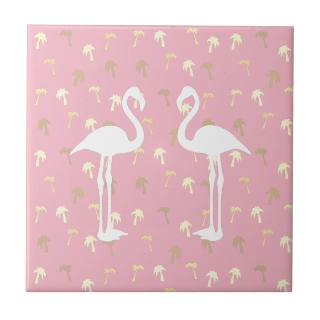 Golden Palm Trees Two White Flamingo Birds Ceramic Tile (Front)