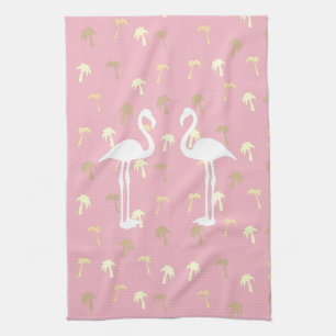 Golden Palm Trees Two White Flamingo Birds Kitchen Towel