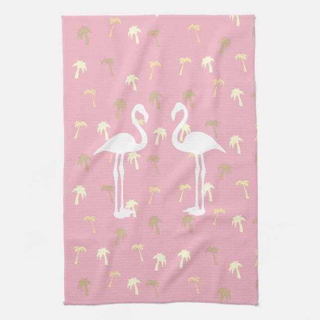 Golden Palm Trees Two White Flamingo Birds Kitchen Towel (Vertical)
