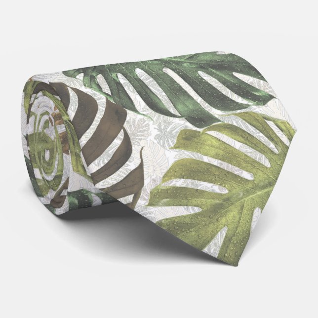 Golden palm tropical leaves neck tie (Rolled)
