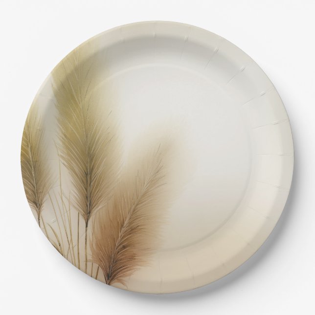 Golden Pampas Grass Bohemian Boho Wedding Paper Plates (Front)