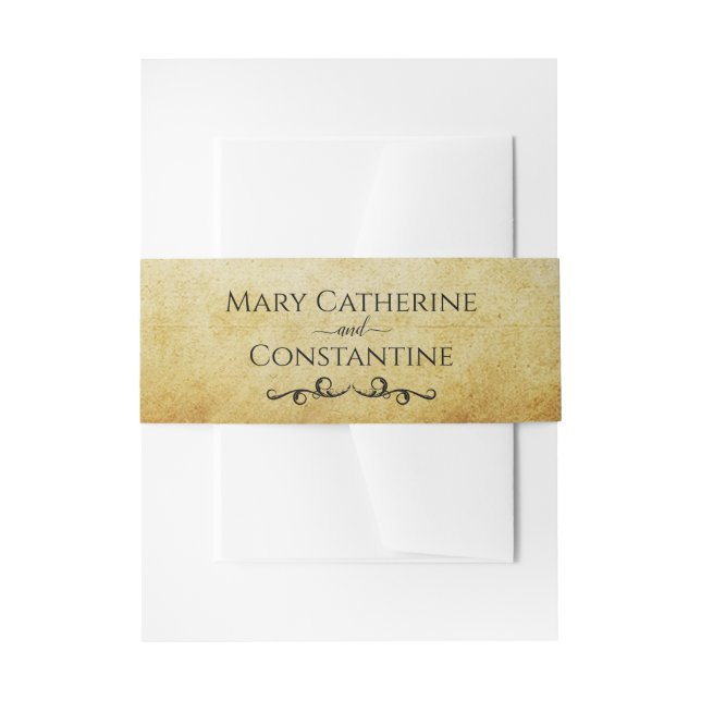 Golden Parchment Elegant Vintage Wedding Invitation Belly Band (Front Example)