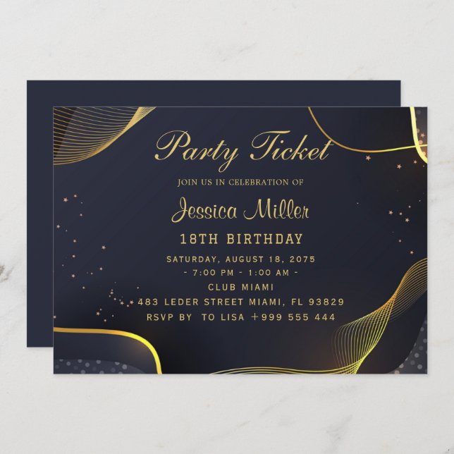 Golden Party Ticket Invitation (Front/Back)