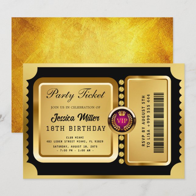 Golden Party Ticket Invitation (Front/Back)