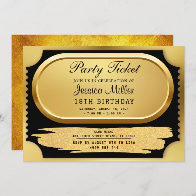 Golden Party Ticket Invitation (Front/Back)