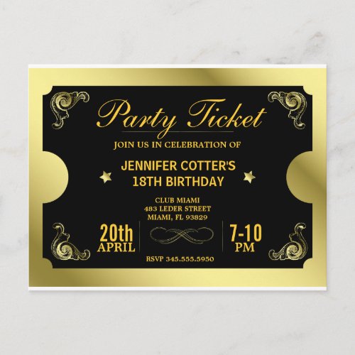 Golden Party Ticket Postcard