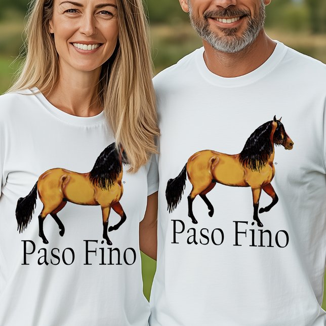 Golden Paso Fino Horse Illustration Equestrian T-Shirt (White t-shirt with golden Paso Fino horse illustration and bold black text “Paso Fino,”)