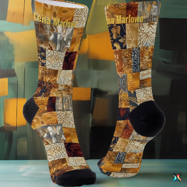 Golden Patchwork Art Socks – Custom Elegant Design (Creator Uploaded)