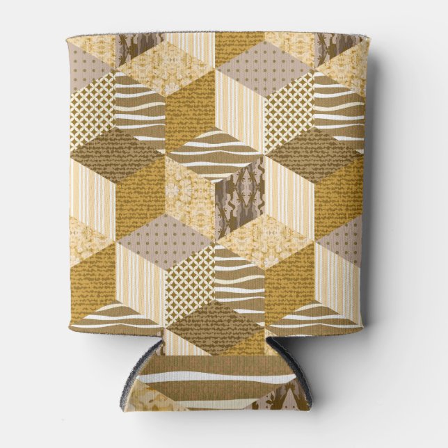 Golden Patchwork: Sandy Quilt Elegance. Can Cooler (Front)