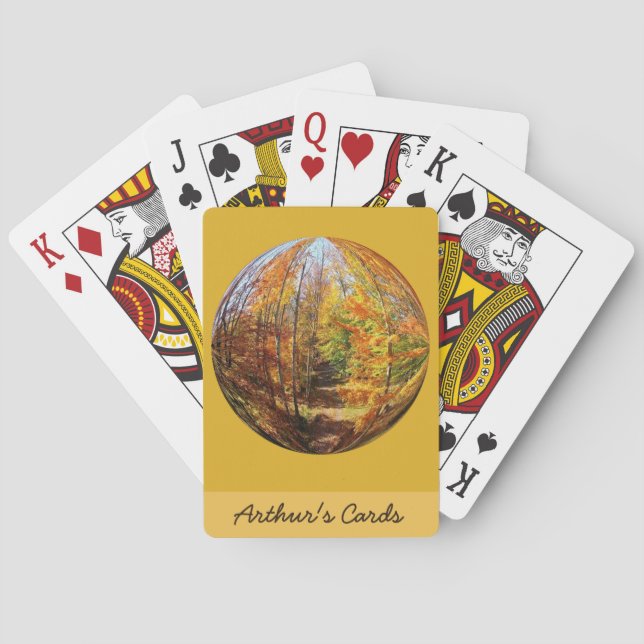 Golden Path in a Mid-Autumn Forest Globe Design Poker Cards (Back)