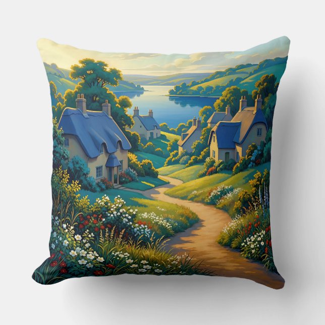 Golden Path to Blue Water Throw Pillow (Front)