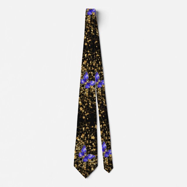 Golden Pattern 14.bw.blue butterfly Black BG Neck Tie (Front)