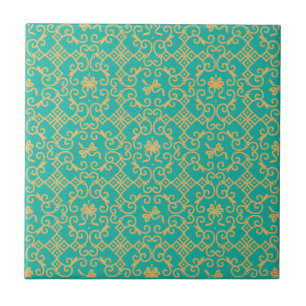 Golden Pattern with Turquoise Background Ceramic Tile