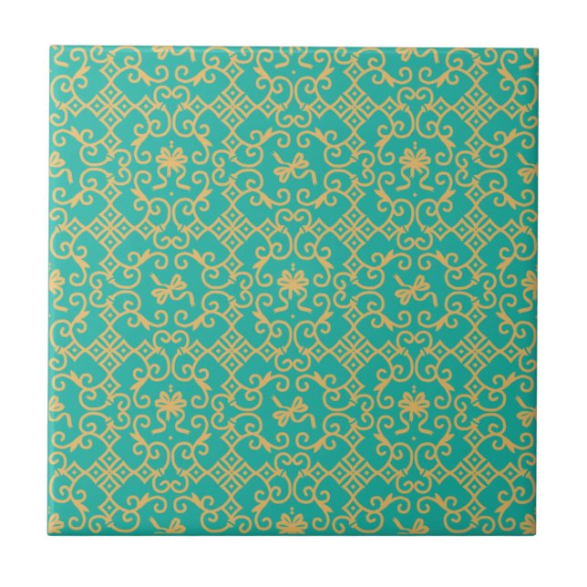 Golden Pattern with Turquoise Background Ceramic Tile (Front)