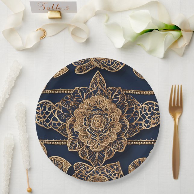 Golden patterns AI art  Paper Plates (Wedding)