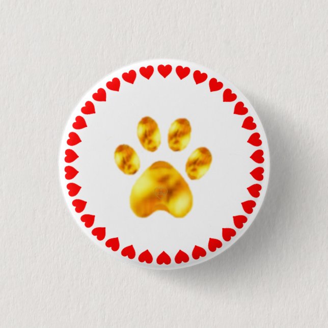 Golden paw and red heart circle on white button (Front)