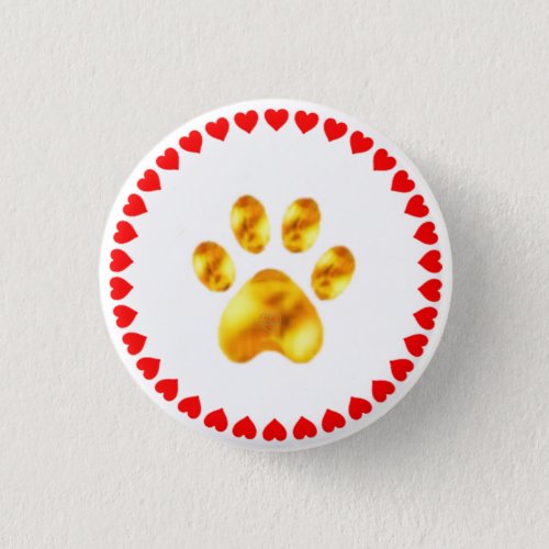 Golden paw and red heart circle on white button