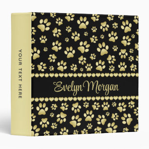 Golden Paw Prints on Black with Custom Name 3 Ring Binder