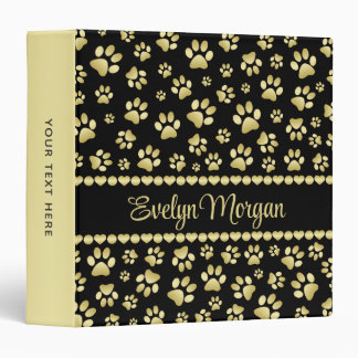 Golden Paw Prints on Black with Custom Name 3 Ring Binder