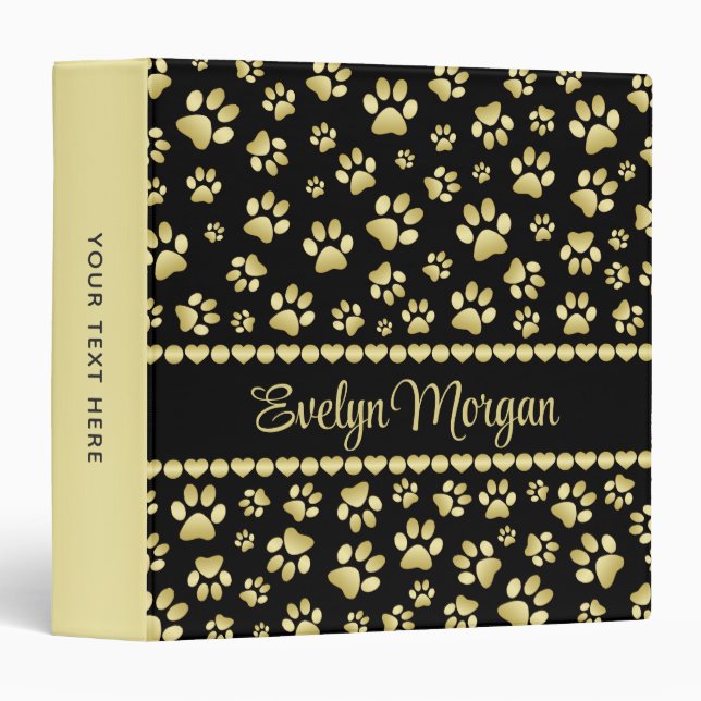 Golden Paw Prints on Black with Custom Name 3 Ring Binder (Front/Spine)