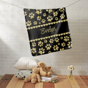 Golden Paw Prints on Black with Custom Name Baby Blanket
