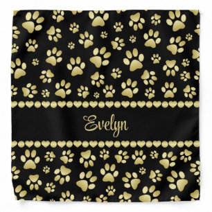 Golden Paw Prints on Black with Custom Name Bandana