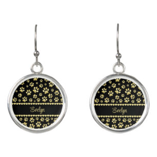 Golden Paw Prints on Black with Custom Name Earrings