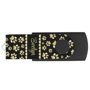 Golden Paw Prints on Black with Custom Name Flash Drive