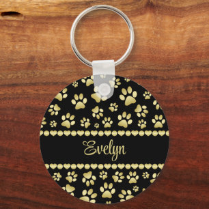 Golden Paw Prints on Black with Custom Name Keychain